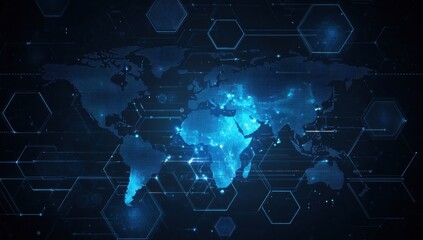 Naklejka premium Abstract digital technology background with a blue world map and hexagon pattern, symbolizing global network connection in the internet communication concept Generative AI
