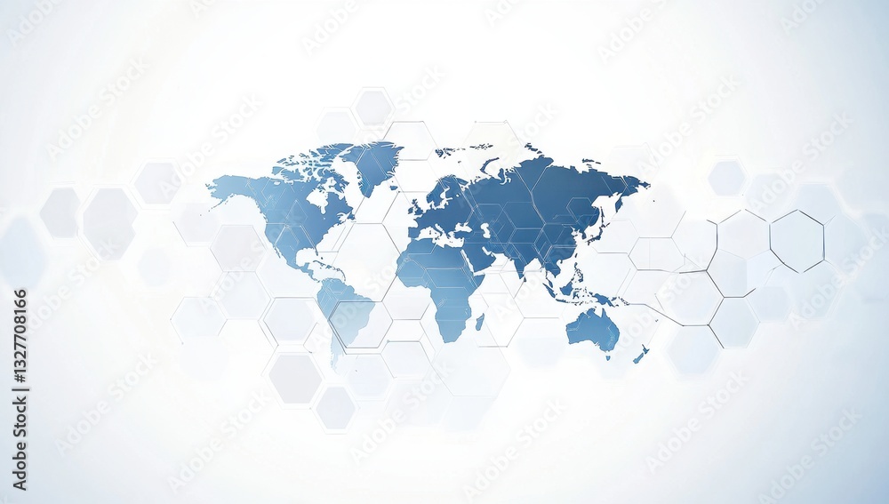 Poster Abstract digital technology background with a blue world map and a hexagonal pattern, symbolizing the global network connection in a cybersecurity system Generative AI