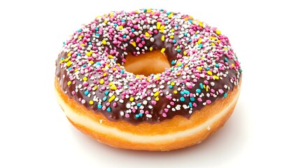 Donut with chocolate frosting and sprinkles isolated on white background