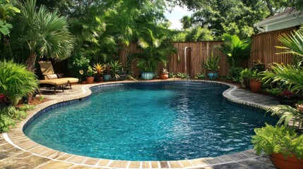 Relaxing backyard oasis with pool and lush landscaping