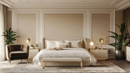 A stunning 3D-rendered luxury bedroom with beige wall paneling and white ceiling trim