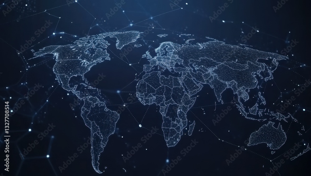 Poster abstract digital world map on a blue background with hexagons and cyber technology elements, global 