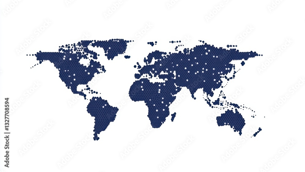 Poster abstract digital world map on a blue background with hexagons and cyber technology elements, global 
