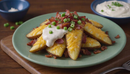 loaded potato wedges with cheese, bacon, green onion, and sour cream