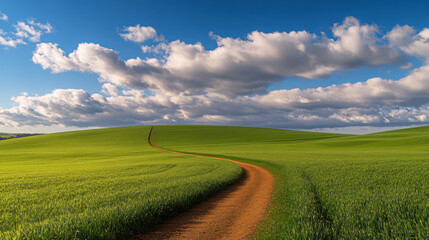 Scenic path through lush green field under stunning cloudy sky
