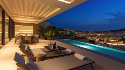Fototapeta premium A stunning penthouse with a spacious outdoor pool, sleek lounge chairs, and a chic table set up for drinks