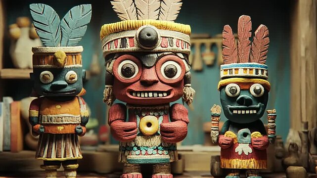 Tribal wooden totem pole sculpture with a carved mask face in a park, featuring ancient, traditional, and cultural elements, designed for decoration with a scary and carnival-like vibe