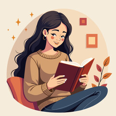 Woman enjoying reading a book in cozy sweater, warmth of knowledge