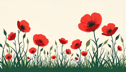 Obraz premium Vibrant red poppy flowers blooming in a lush green field with a neutral background