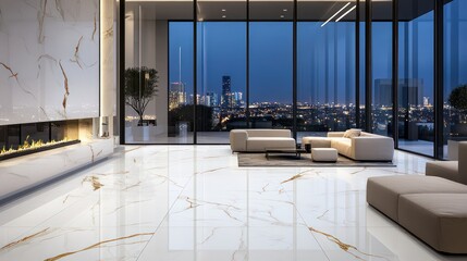 A stylish modern living room with pristine white marble floors featuring gold veins, large glass windows, and frameless doors that offer a panoramic view of the city at night