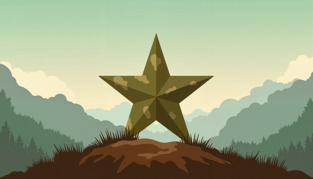 Illustration of an army star on a mound surrounded by mountains