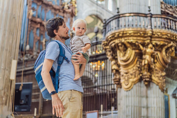Father and his son tourists exploring the Metropolitan Cathedral in Mexico City. Woman admiring the architecture and history of Mexico's iconic landmark. Concept of cultural heritage, religious