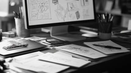 Monochrome desktop showing design sketches, computer screen, and art supplies.