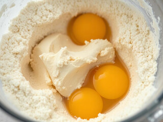 Mixing eggs and butter with flour in a bowl for baking preparation in a bright kitchen