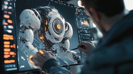 Artist digitally designing a futuristic robot on a large computer screen.