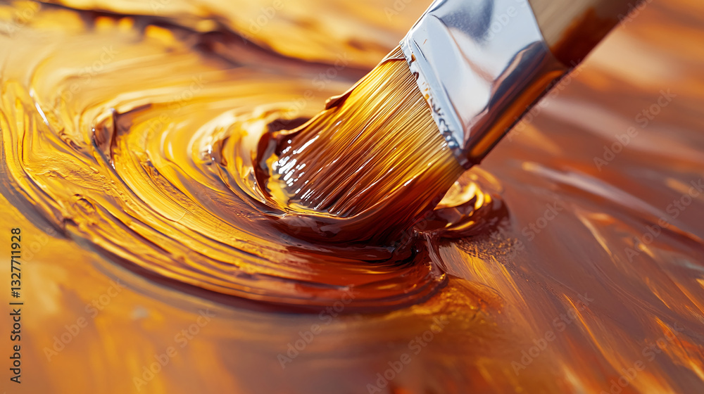 Poster Close-up of a paintbrush applying amber paint, creating swirling texture.  Showcase of rich color and smooth application, ideal for art or design concepts