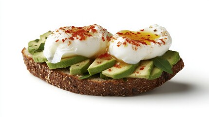 Gourmet Avocado Toast with Poached Eggs and Spices on Whole Grain Bread, Perfectly Plated for a Delicious Breakfast Experience.