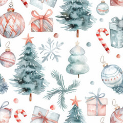 Watercolor seamless christmas pattern featuring trees and gifts for holiday design