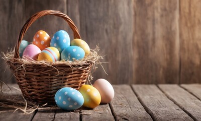 Colorful Easter eggs arranged in a rustic basket on wooden table with natural decor