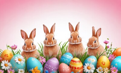Four rabbits surrounded by colorful Easter eggs and flowers in a playful spring setting