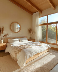Modern Bedroom Interior Design Featuring Neutral Tones, Cozy Textiles, Natural Light, and Minimalist Wooden Furniture, Creating a Serene and Comfortable Space Perfect for Contemporary Living