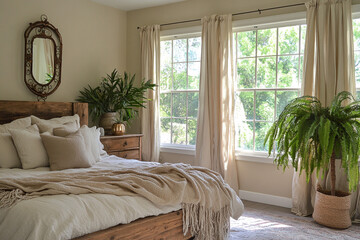 Modern Bedroom Interior Design Featuring Neutral Tones, Cozy Textiles, Natural Light, and Minimalist Wooden Furniture, Creating a Serene and Comfortable Space Perfect for Contemporary Living