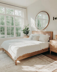 Modern Bedroom Interior Design Featuring Neutral Tones, Cozy Textiles, Natural Light, and Minimalist Wooden Furniture, Creating a Serene and Comfortable Space Perfect for Contemporary Living