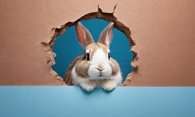 Rabbit peeking through a colorful hole in cardboard, showcasing curiosity in a playful indoor setting