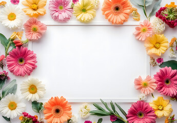 Obraz premium Frame with colorful flowers on clear white background Greeting card design for holiday Mothers day E