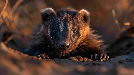 Close up of resilient honey badger sharp claws thick coarse fur and fierce eyes A dry bushland background enhances its indomitable spirit
