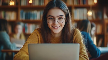 Happy young woman working on laptop and looking at camera in classroom. Portrait of smiling university student in library use computer for a research. Satisfied college student looking at camera.