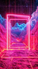 Glowing Neon Pink Mountain Landscape - Futuristic Digital Art