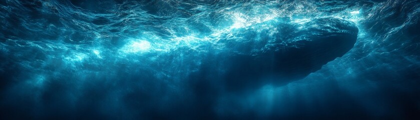 Obraz premium underwater view of a large rock with sunlight streaming from above, creating a serene and mystical atmosphere. The scene is dominated by shades of blue, evoking a sense of depth and tranquility