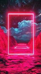 Neon Pink Futuristic Landscape, Glowing Desert, Cosmic Art