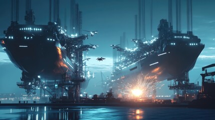 Futuristic Spaceships Undergoing Repairs at Night