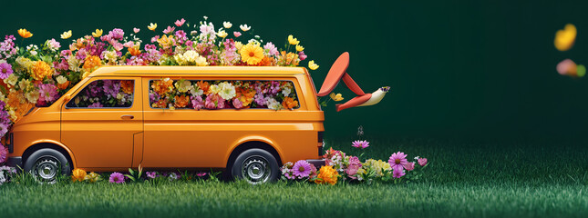 Orange van full of colorful spring flowers on green background with copy space. Spring is here concept design. 3D Rendering, 3D Illustration
