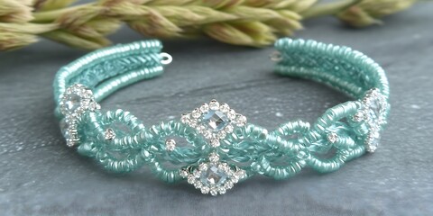 Fototapeta premium Exquisite Handmade Macrame Bracelet Adorned with Sparkling Crystal Elements