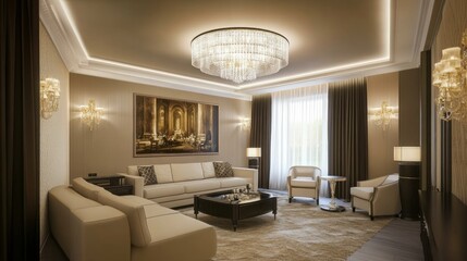 Luxurious living room with beige sofa, chandelier, and artwork.
