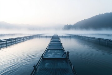 Naklejka premium Misty Morning at Fish Farm: Serene Aquatic Landscape