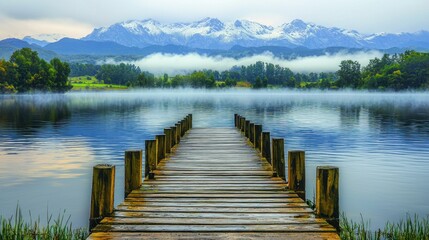Serene lakefront wooden dock with misty mountains