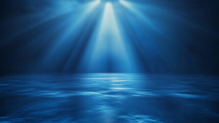Obraz premium A clean and atmospheric product showcase background with a spotlight effect, featuring an abstract blue setting with neon rays, reflections, and a studio-like appearance