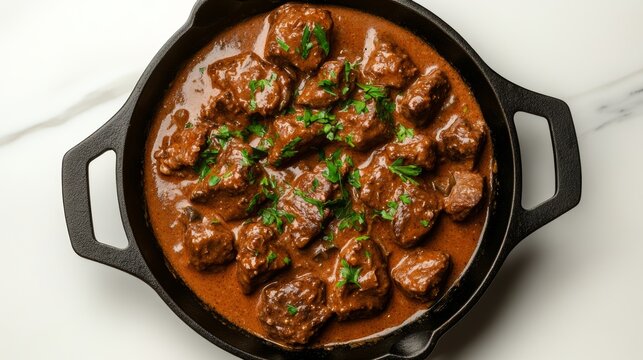 Tender beef simmered in a flavorful creamy mushroom sauce in a black cast iron pan with fresh herbs on top