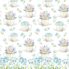 A cute sleeping rabbit in a white porcelain cup with hyacinths, mimosa and quail eggs on a white background. The illustration is hand drawn in watercolor. Ideal for textiles, packaging and design.