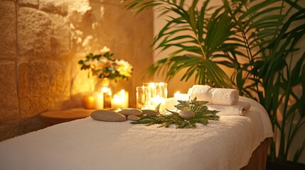 A warm stone massage setting with candles, a towel, and a fern on wood. Relaxing spa treatment.