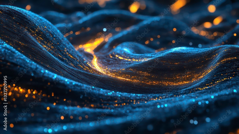 Poster abstract blue wave background with glowing lines and particles, representing technology, data flow, 