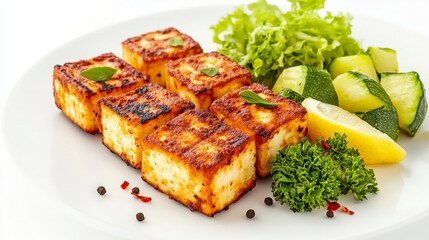 Grilled Cheese Cubes with Vegetables on a White Plate - A Culinary Presentation for Recipe Sharing