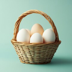 Rustic wicker basket containing fresh brown and white eggs, set against a soft pastel background, perfect for farm and food themes.