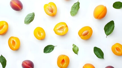Fresh Plums and Green Leaves Isolated on White Background