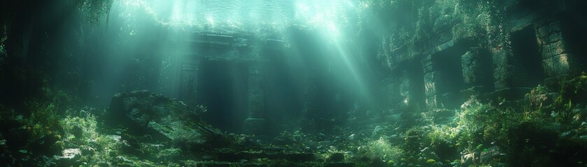 Obraz premium sunlight filtering down through the water illuminates the depths of an underwater cave, creating a mesmerizing and ethereal atmosphere. the scene is filled with mysterious and magical feeling