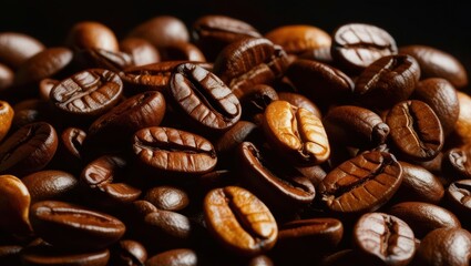 Close-Up View of Aromatic Roasted Coffee Beans Scattered on Rustic Wooden Surface, Showcasing Rich Brown Tones and Textures, Symbolizing Freshness and Quality in Coffee Production.